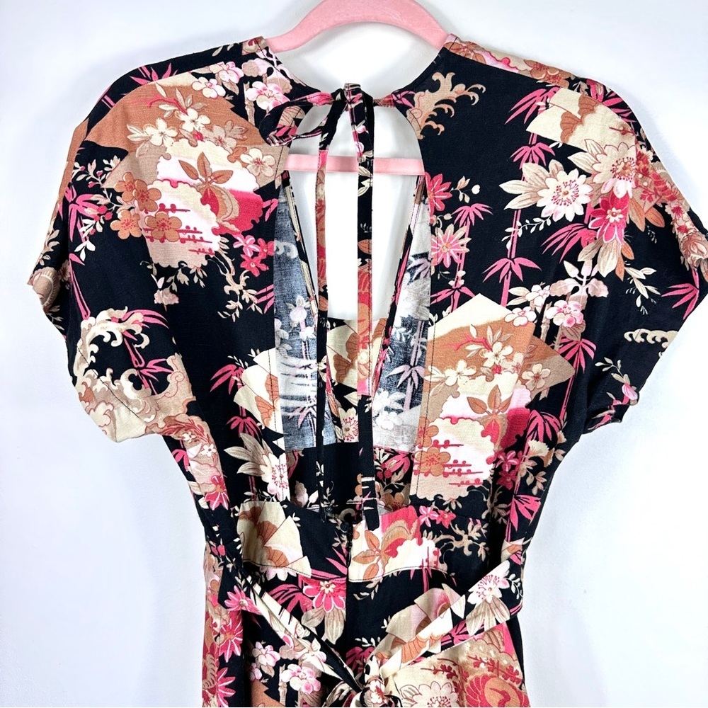 Floral Print Linen Open Back Midi Dress Small prairie cottage earthy‎ neutral - Picture 6 of 11